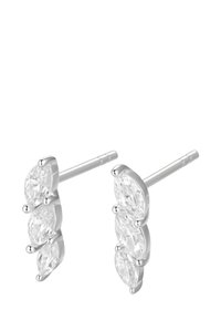 Silberne Steckerohrringe mit drei marquise-förmigen klaren Steinen in vertikaler Anordnung. Die glatte Metalloberfläche betont das Design.