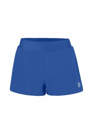 Blaue Sportshorts mit breitem elastischem Bund und kleinem rundem Logo am unteren rechten Bein.