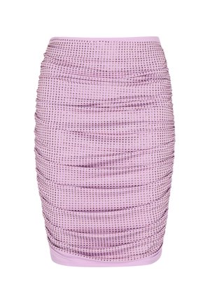 Růžová sukně s řasením vyrobená z hladké tkaniny, zdobená malými kovovými hroty, s přiléhavým střihem a elastickým pasem.