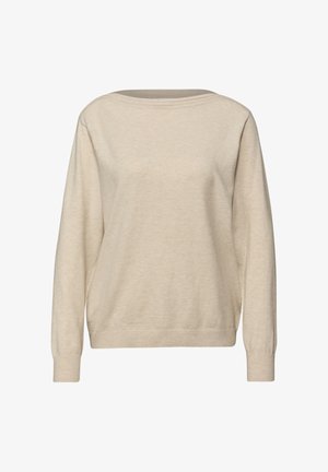 Beige pullovertrui met lange mouwen, ronde hals en geribbelde manchetten. Zachte textuur en licht loszittende pasvorm, zonder zichtbare patronen.