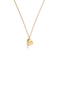 Kultainen ketjukaulakoru, jonka keskellä roikkuu kiillotettu, kolmiulotteinen sydämenmuotoinen riipus.