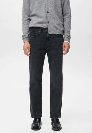 Jeans gris oscuro con un corte recto, hechos de denim, que presentan un diseño clásico de cinco bolsillos y un sutil detalle de costura.
