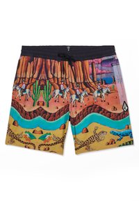 Pantaloncini colorati con paesaggio desertico con cowboy a cavallo, cactus, lucertole, rane e un fiume blu tortuoso sotto una cintura nera.