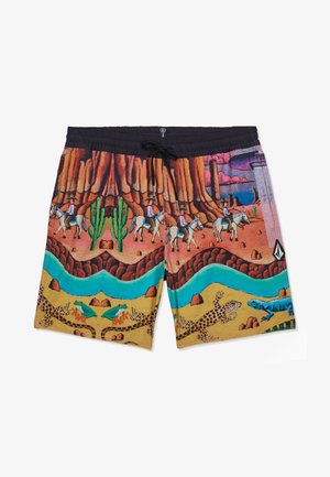 Värvilised lühikesed püksid, millel on kõrbemaastik koos ratsutavate kauboide, kaktuste, sisalike, konnade ja musta vöökoha all lookleva sinise jõega.