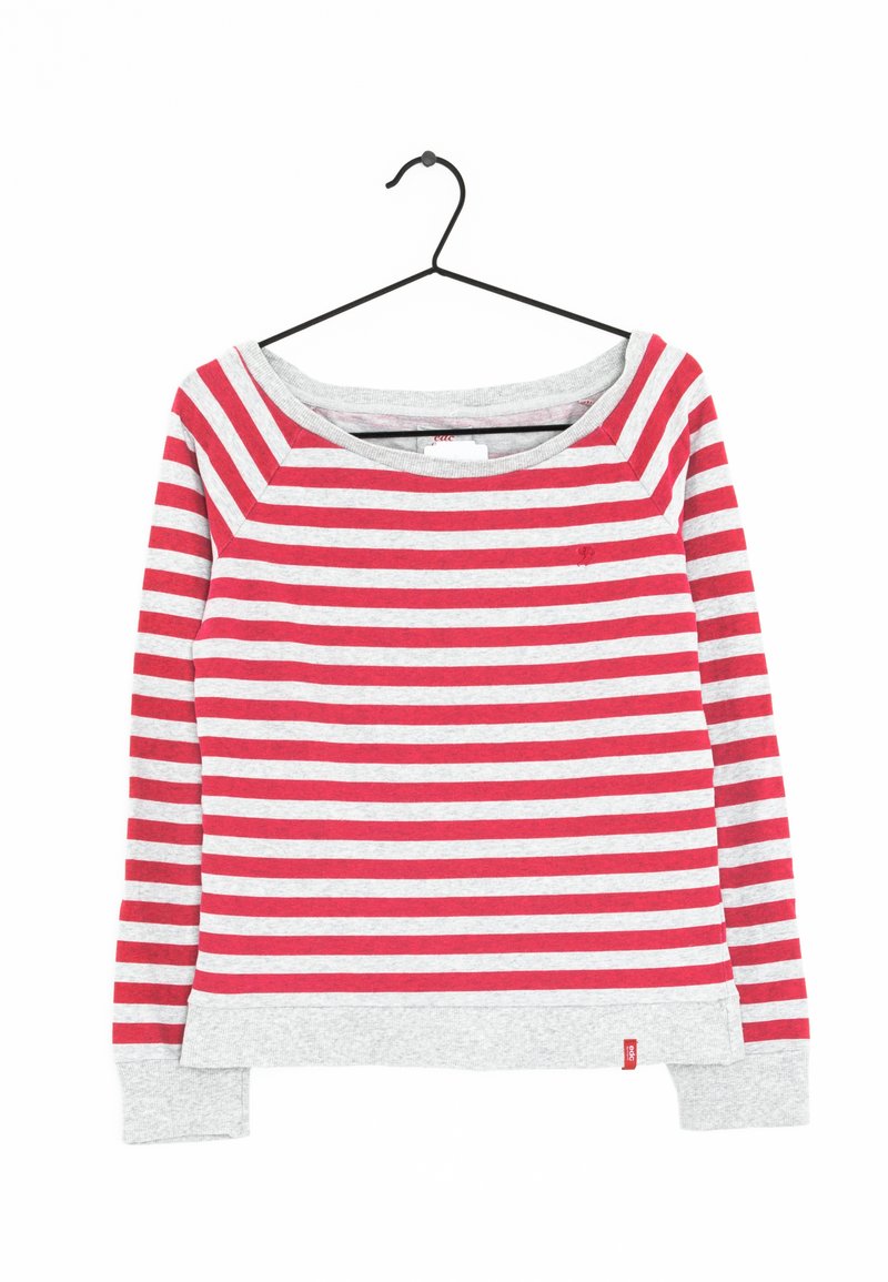 Sweatshirt à manches longues rayé rouge et gris avec une encolure large et des poignets côtelés. Fabriqué en coton doux avec un ourlet droit.