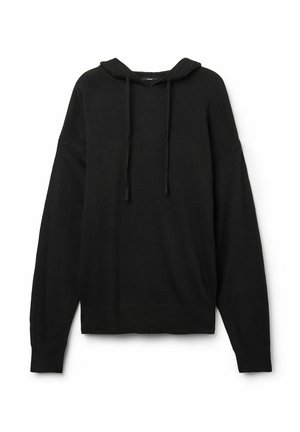 Black knitted hoodie with a drawstring, relaxed fit, dropped shoulders, ribbed hem, and long sleeves. Smooth texture with minimal detailing.
