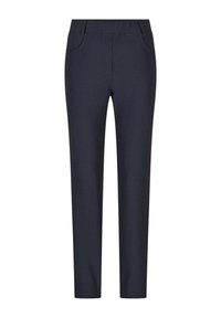 Maatwerk marineblauwe broek van een gladde stof. Kenmerken zijn een rechte snit, twee voorzakken en een platte tailleband zonder zichtbare sluitingen.