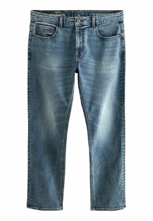 Jeans de corte recto en denim azul medio con un acabado desgastado. Presenta cinco bolsillos, cierre frontal con botón y costuras en contraste.