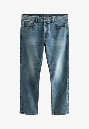 Straight-fit jeans in medium blue denim with a faded finish. Features five pockets, front button closure, and contrast stitching.