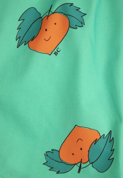 Deux carottes dessinées de couleur orange avec des visages souriants et des feuilles vertes sur un fond de tissu turquoise clair, étiquetées "BC".