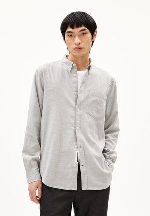 Gray button-up shirt in a lightweight fabric, featuring a left chest pocket and a classic collar, with a straight hem and a branded label.