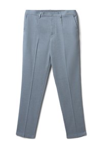 Pantaloni blu chiaro realizzati in tessuto testurizzato, con gamba dritta, passanti per cintura e tasche frontali, dotati di una vita elasticizzata.