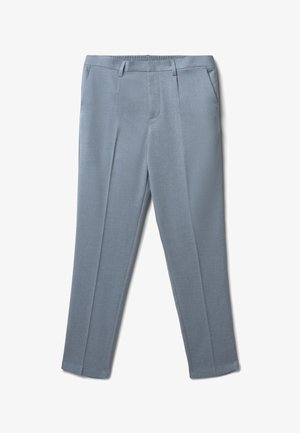 Light blue trousers made of textured fabric, featuring straight legs, belt loops, and front pockets, with an elastic waistband.