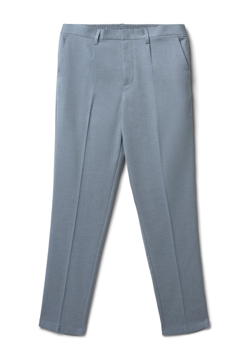 Pantaloni blu chiaro realizzati in tessuto testurizzato, con gamba dritta, passanti per cintura e tasche frontali, dotati di una vita elasticizzata.