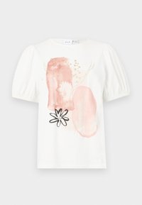 Balta īsām piedurknēm blouse ar puffed pleciem, ar abstraktiem rozā un zelta rakstiem, kā arī melnas ziedu dizainu priekšā.