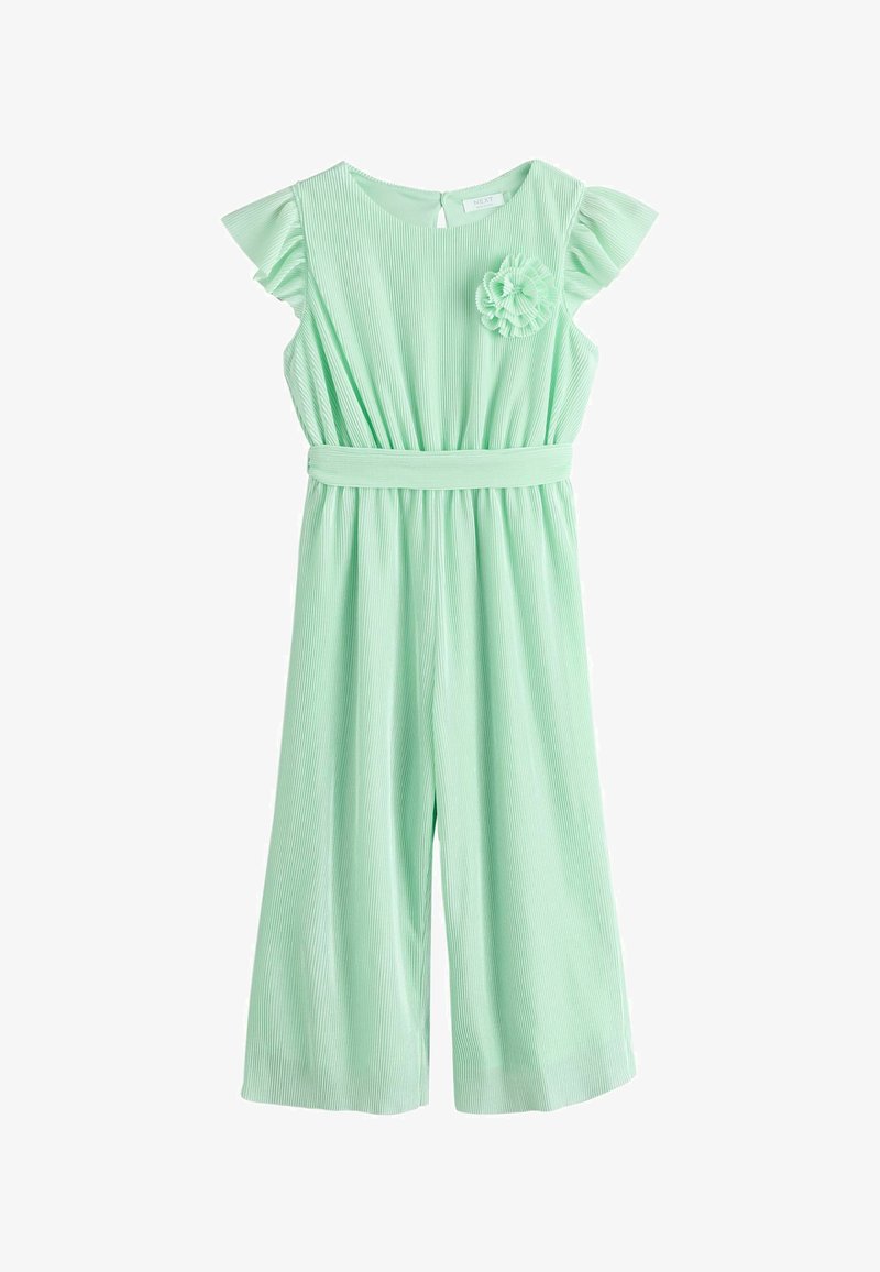 Combinaison pantalon vert menthe à jambes larges avec manches volantées, ceinture ajustée à la taille et détail en fleur en tissu sur la poitrine.