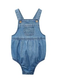 Denim kombinezon z nastavljivimi naramnicami, dvema lesenima gumboma in žepom. Ponuja nabrano blago na pasu in odprtinah za noge.