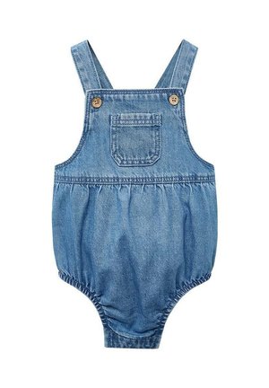Denim romper met verstelbare schouderbanden, twee houten knopen en een zak. Bevat geplooide stof bij de taille en beenopeningen.