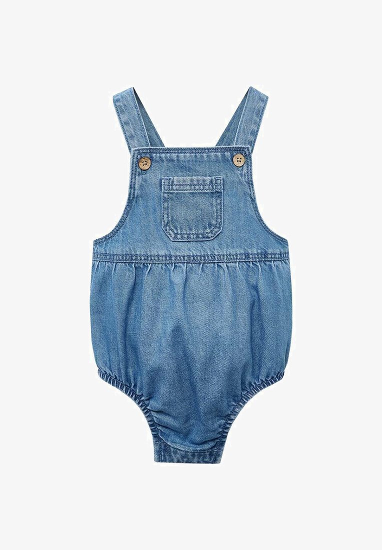 Denim kombinezon z nastavljivimi naramnicami, dvema lesenima gumboma in žepom. Ponuja nabrano blago na pasu in odprtinah za noge.
