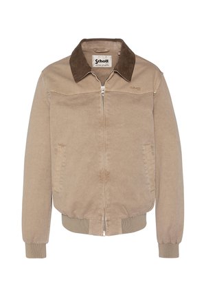 Beige Jacke mit Reißverschluss, dunkelbraunem Kragen, Seitentaschen, gerippten Bündchen und Saum sowie dem auf der Brust aufgestickten Schott-Logo.