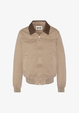 Beige Jacke mit Reißverschluss, dunkelbraunem Kragen, Seitentaschen, gerippten Bündchen und Saum sowie dem auf der Brust aufgestickten Schott-Logo.