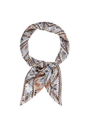 Silk scarf with paisley pattern in brown, blue, and orange tones, tied in a loose knot on a white background.
