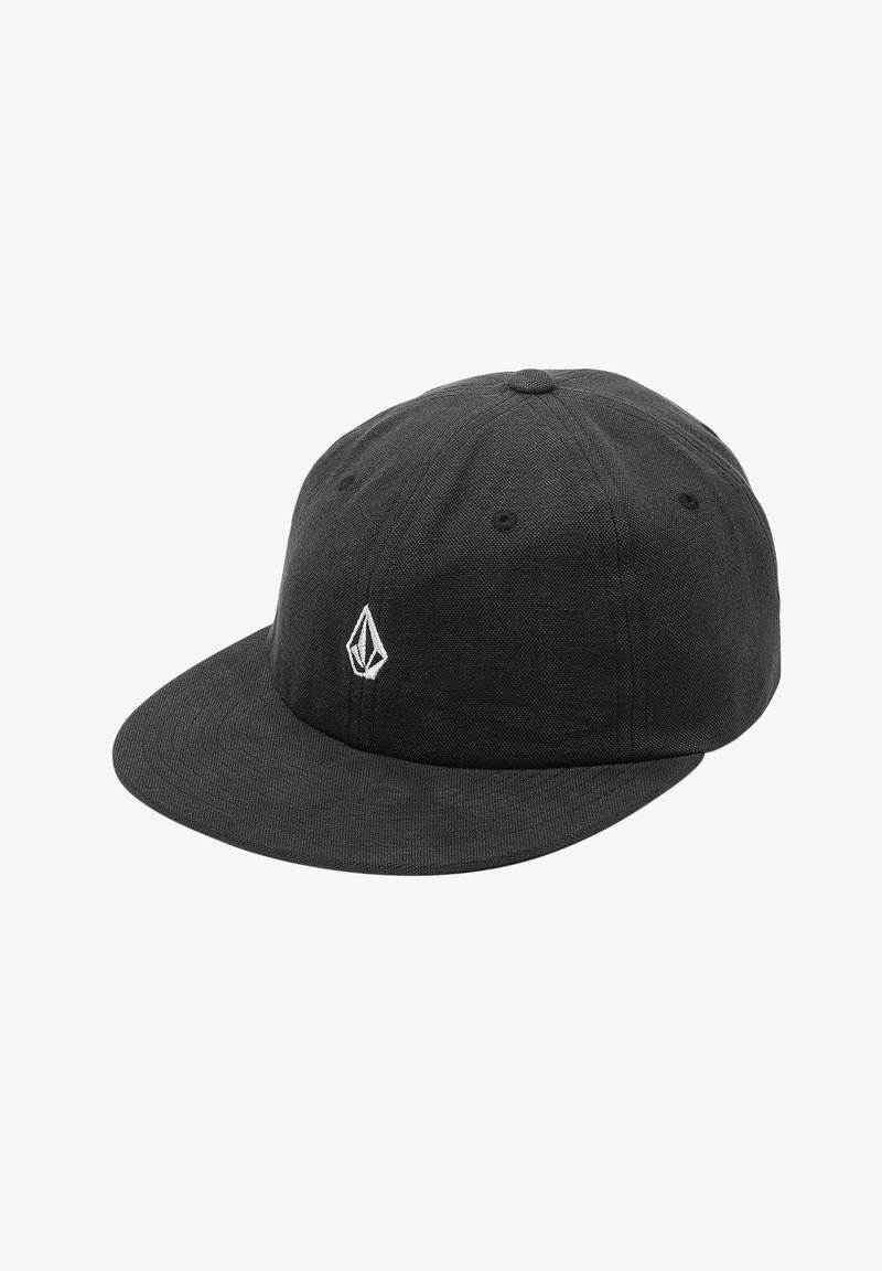 Black cap with a flat brim, made of textured fabric. Features a white logo on the front and ventilation holes on the top.