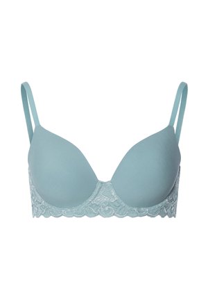 Soutien-gorge bleu clair avec des bonnets moulés lisses et des détails en dentelle. Présente des bretelles ajustables et un design sans coutures avec un motif floral sur la dentelle.