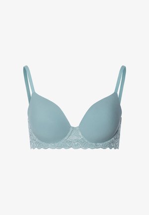 Soutien-gorge bleu clair avec des bonnets moulés lisses et des détails en dentelle. Présente des bretelles ajustables et un design sans coutures avec un motif floral sur la dentelle.