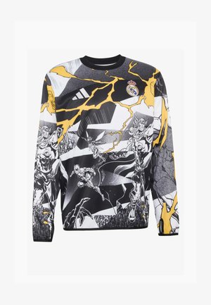 Sweatshirt met lange mouwen en een zwart-wit-gele print in stripstijl, met verschillende personages en patronen. Geribbelde halslijn en manchetten.