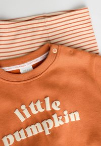 Sweat-shirt orange avec le texte "petit citrouille" en blanc, présentant un col rond et deux boutons-pression. Leggings rayés crème et orange en dessous.