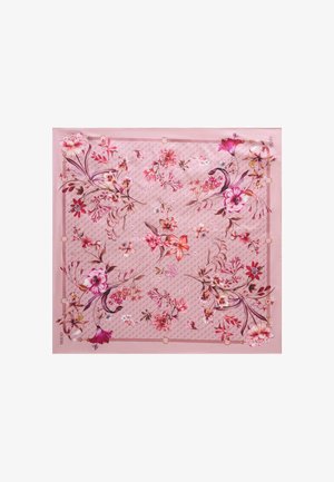 Foulard quadrato rosa con delicati motivi floreali multicolori e un sottile motivo a logo sullo sfondo.
