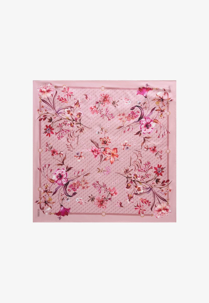 Roza kvadratna ruta z nežnimi večbarvnimi cvetličnimi vzorci in subtilnim vzorcem logotipa v ozadju.