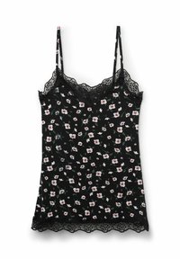 Top de tirantes ajustables de fondo negro con un estampado floral, con acabados de encaje y flores blancas y rosas dispersas en una tela ligera.