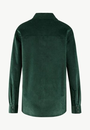 Groene corduroy shirt met een button-down kraag, lange mouwen en knoopsluiting bij de mouwen, met een gladde textuur en geribbelde patroon.