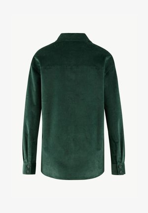 Zelená manšestrová košile s límcem na knoflíčky, dlouhými rukávy a knoflíkovými manžetami, s hladkou texturou a žebrovaným vzorem.