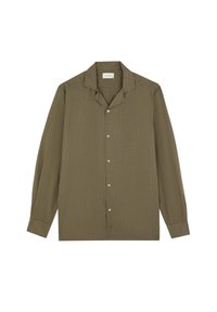 Long-sleeve, olive green shirt featuring a checked pattern, a notched collar, and button closure down the front. Cotton blend material.