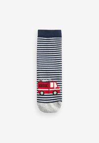 Gestreifte Socken in Marineblau und Weiß mit einem Design eines roten Feuerwehrautos. Mit grauem Zehen- und Fersenbereich, aus weichem Stoff für Komfort gefertigt.