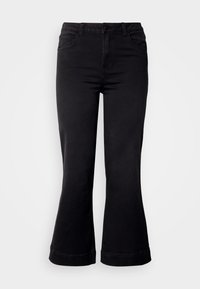 Jeansi negri evazați, cu talie mulată, prevăzuți cu buzunare frontale, închidere cu nasturi și un material texturat. Marginea de jos este suflecată.