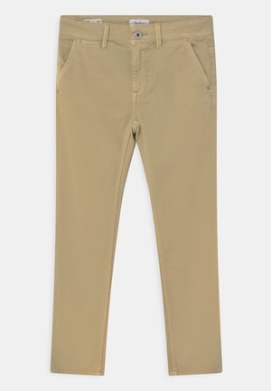 Pantalon beige coupe slim avec poches avant, passants pour ceinture, fermeture par bouton et braguette zippée, présenté à plat sur un fond clair.