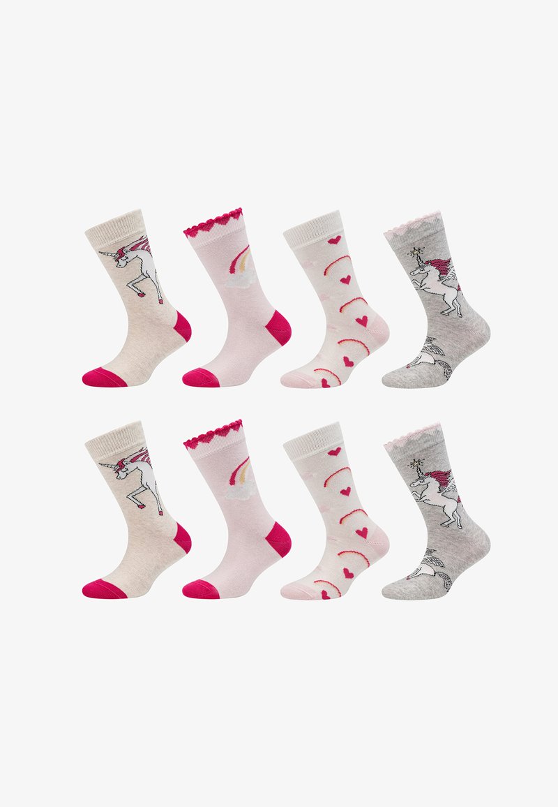 Set di otto calzini in colori pastello. Le caratteristiche includono motivi giocosi: unicorni, arcobaleni, cuori; polsini testurizzati e accenti contrastanti sulle punte.
