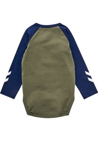 Langärmliger Body mit olivgrünem Oberteil, marineblauen Ärmeln und weißen Akzenten an den Ärmeln. Aus weichem Baumwollmaterial, enganliegende Passform.