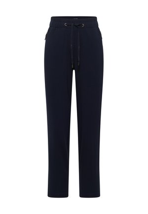 Dunkelblaue Freizeithose mit elastischem Bund, Kordelzug und seitlichen Reißverschlusstaschen, gerade geschnittene Beine.