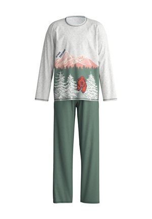 Graues Longsleeve mit einem Grafikdesign von Bergen und einem Bären, kombiniert mit grünen Hosen. Aus weichem Stoff gefertigt, mit Rundhalsausschnitt und elastischem Bund.
