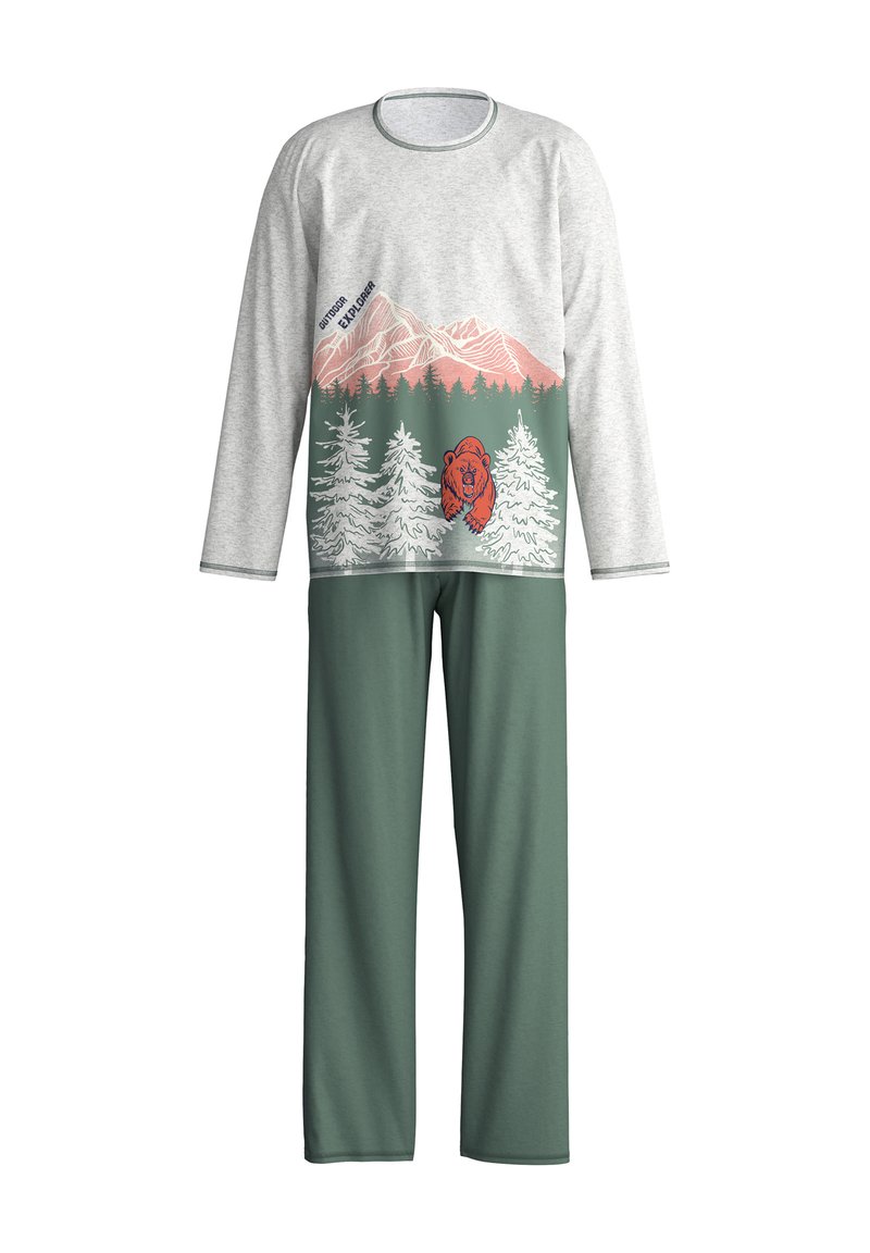 Graues Longsleeve mit einem Grafikdesign von Bergen und einem Bären, kombiniert mit grünen Hosen. Aus weichem Stoff gefertigt, mit Rundhalsausschnitt und elastischem Bund.