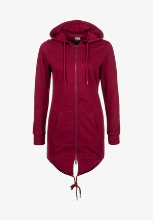 Burgunderfarbener Hoodie mit Reißverschluss, Kordelzugkapuze, langen Ärmeln und frontalen Taschen; besitzt einen längeren Rücken und elastische Bündchen.
