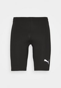 Černé sportovní šortky vyrobené z elastického materiálu. Mají dobře padnoucí design s bílým logem PUMA na levé straně.