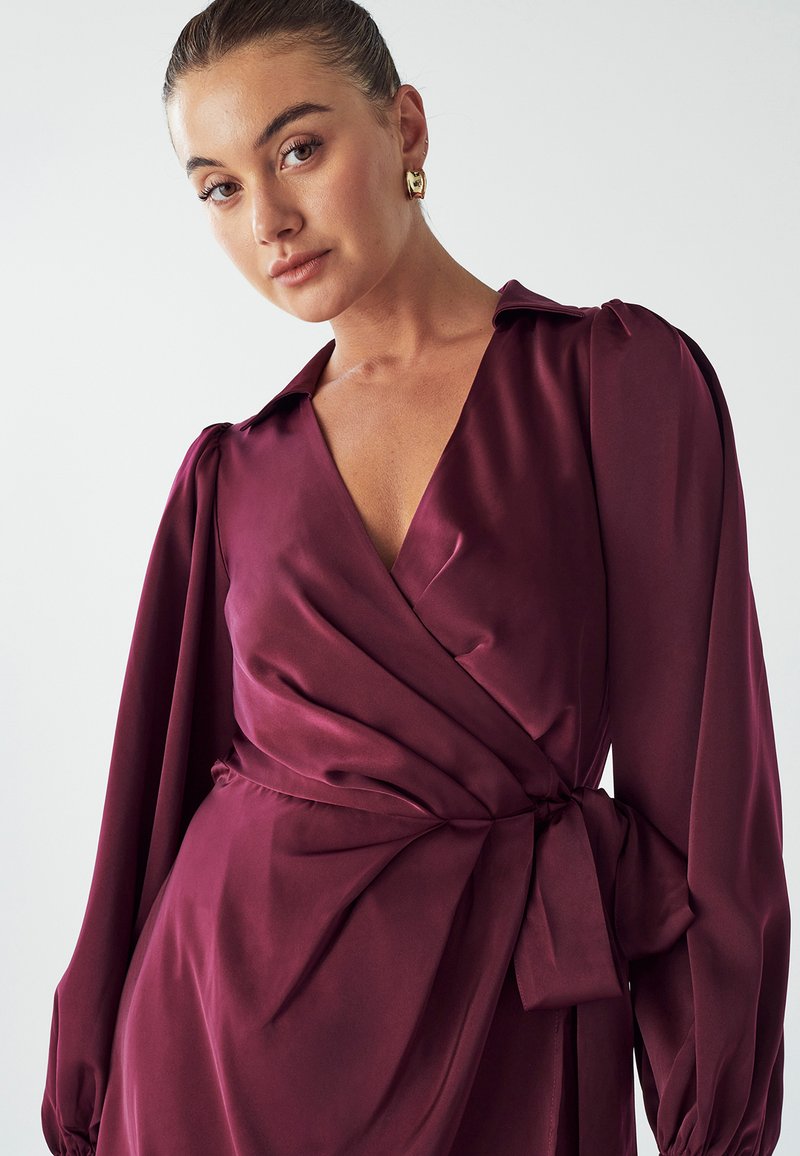 Satin Dress Burgundy Wrap Midi Dress Deep Burgundy Satin Long-Sleeve Wrap Midi-Dress Satin Dress Burgundy Wrap Midi Dress Deep Burgundy Satin Long-Sleeve Wrap Midi-Dress