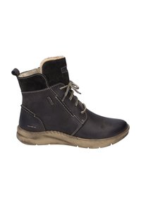 Botas de tobillo de cuero oscuro con un suave cuello forrado de piel, cordones en la parte delantera y suela de goma texturizada. Presentan acentos marrones y detalles de costura.