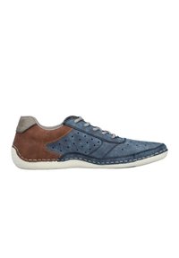 Blue and brown leather sneaker featuring perforated design, gray laces, stitched accents, and a flexible white sole.